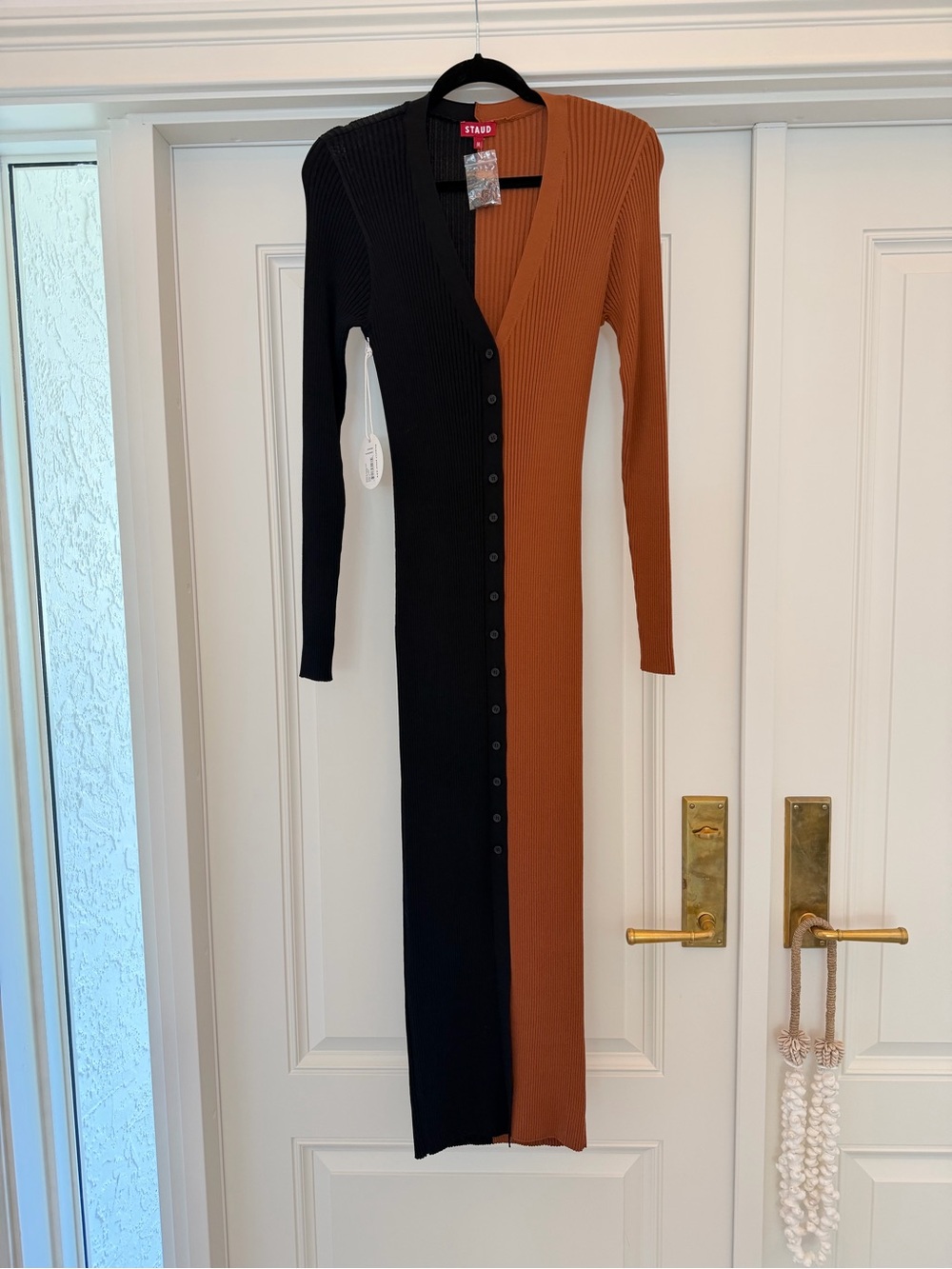 NWT STAUD Shoko Sweater Two-Tone Black and Rust Ribbed Button-Front Dress size M
